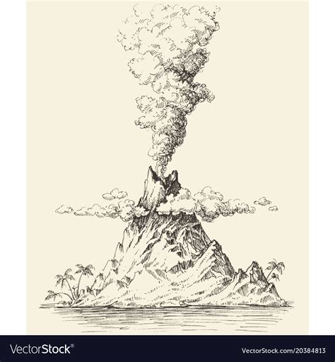 active volcano drawing|Active volcano drawing. Volcanic eruption on a island .